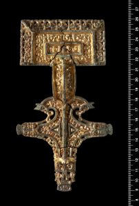The great relief brooch from Sande. Scale in cm. Photograph by Ellen C Holte. © Museum of Cultural History, University of Oslo.